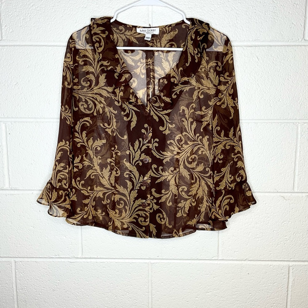 < Vintage Miss Dorby Elegant Brown and Gold Flutter Sleeve Sheer Blouse >